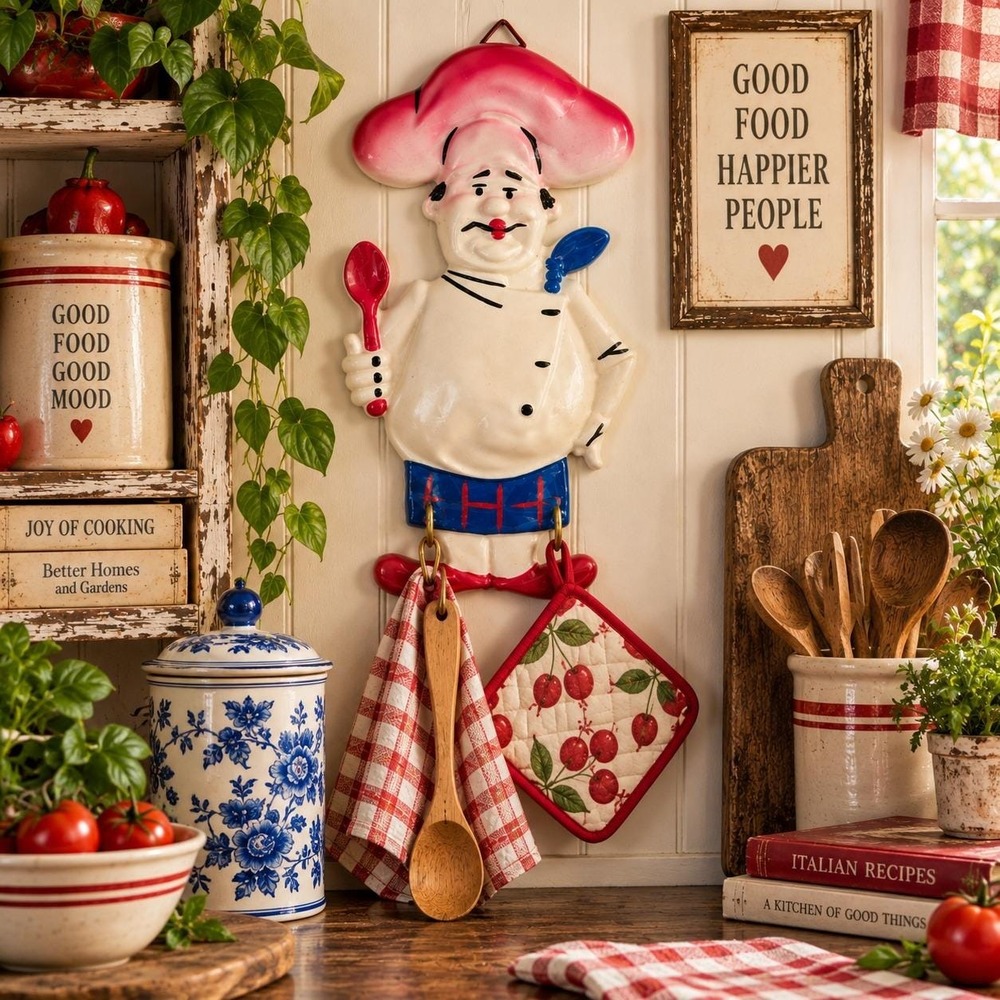 Vintage 1980s Ceramic Chef Wall Plaque, Kitchen Kitsch Decor, Utensil Hooks